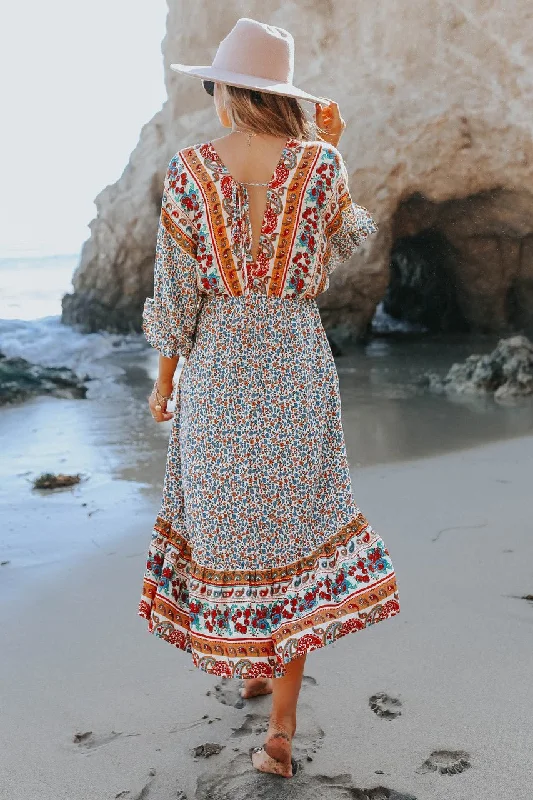 Mediterranean Mixed Floral Border Print Ruffle Hem Maxi Dress