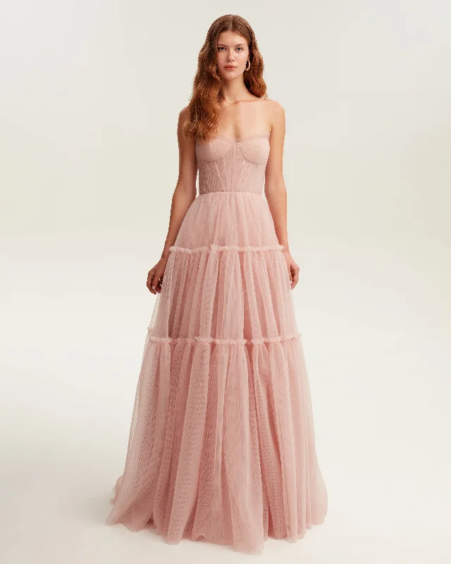 Misty rose tulle maxi dress with ruffled skirt, Garden of Eden