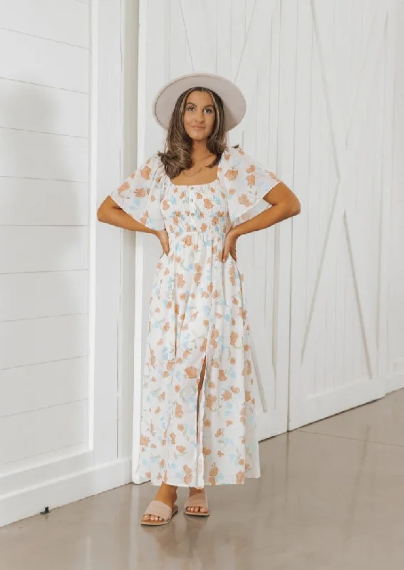 Natural Floral Print Smocked Maxi Dress - FINAL SALE