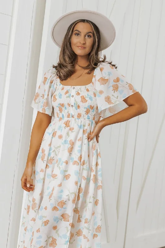 Natural Floral Print Smocked Maxi Dress - FINAL SALE