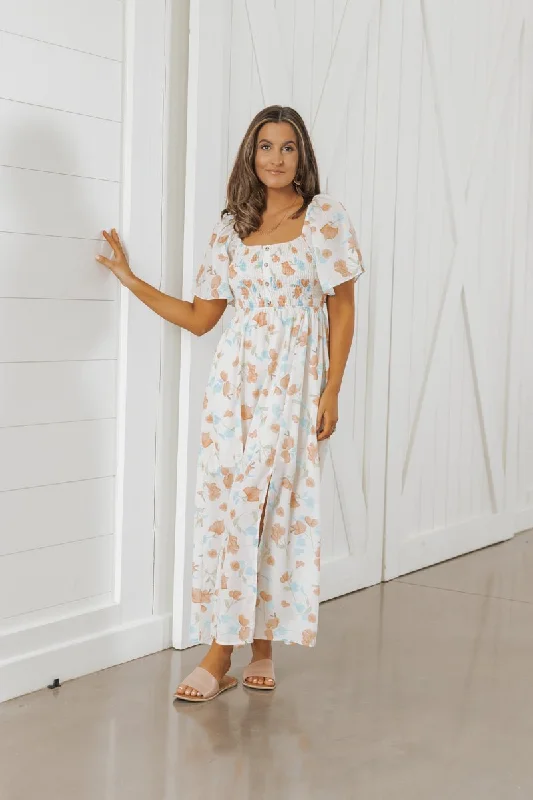 Natural Floral Print Smocked Maxi Dress - FINAL SALE