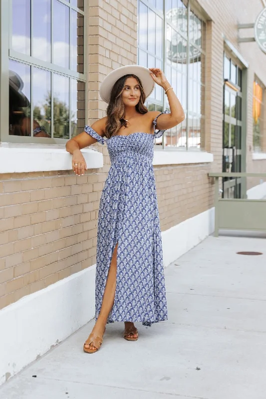 Navy Print Off The Shoulder Maxi Dress