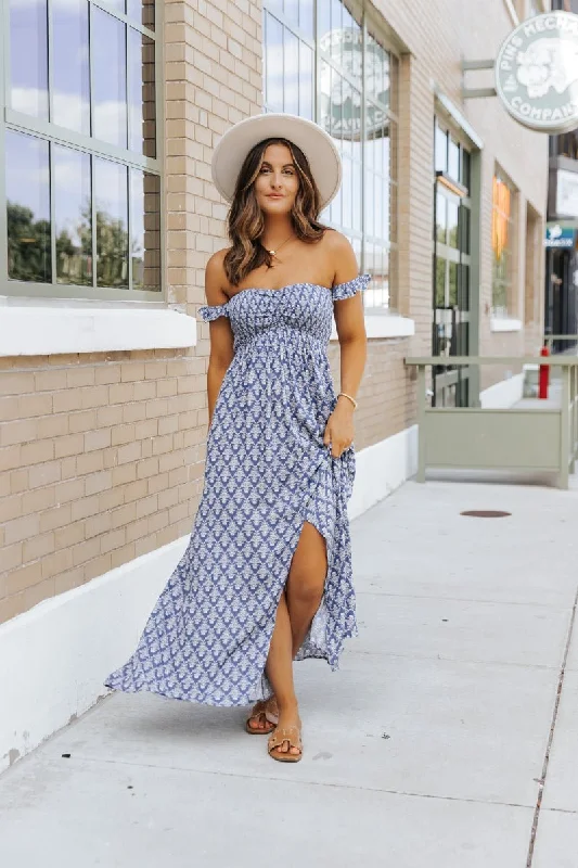 Navy Print Off The Shoulder Maxi Dress