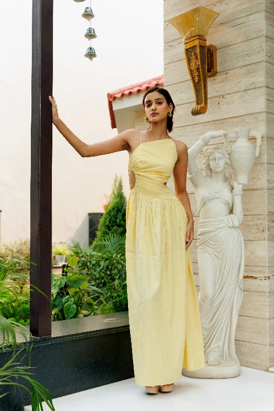 New money - yellow backless maxi dress