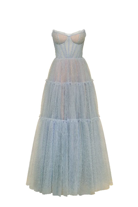 Ocean wave tulle maxi dress with ruffled skirt, Garden of Eden