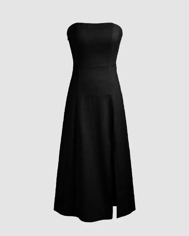 Off-Shoulder Denim Front Slit Tube Maxi Dress In Black