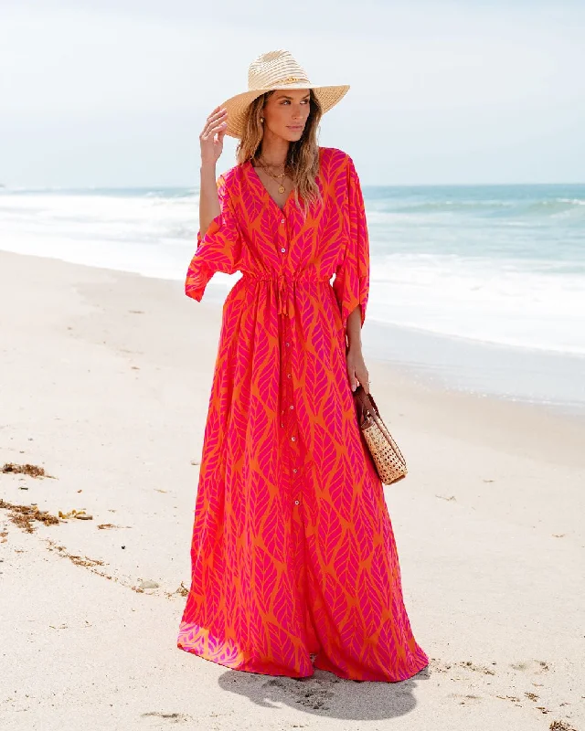 Orange Leaf Print Buttoned Maxi Dress - FINAL SALE