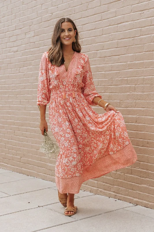 Peach A-Line Print Maxi Dress