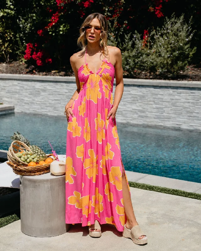 Pink Floral Print Crepe Halter Maxi Dress - FINAL SALE