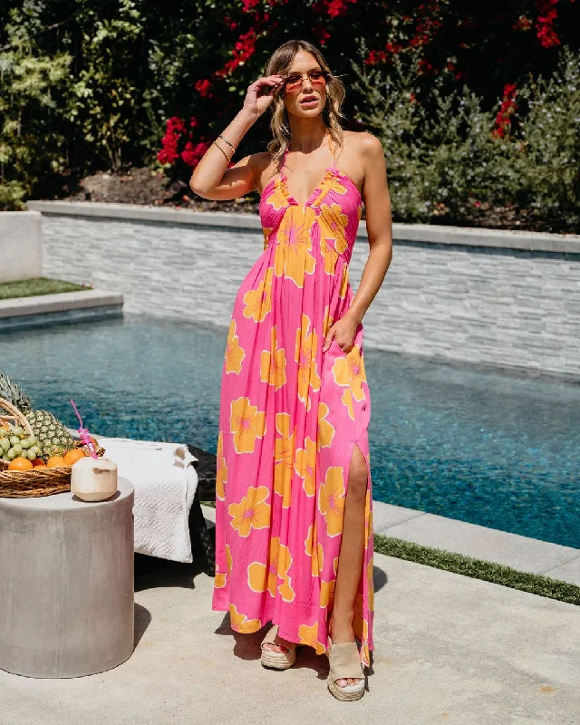 Pink Floral Print Crepe Halter Maxi Dress - FINAL SALE