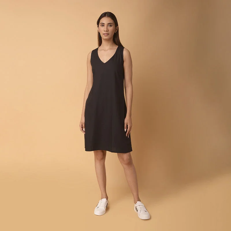 Cotton Black Short Dress | Sleeveless