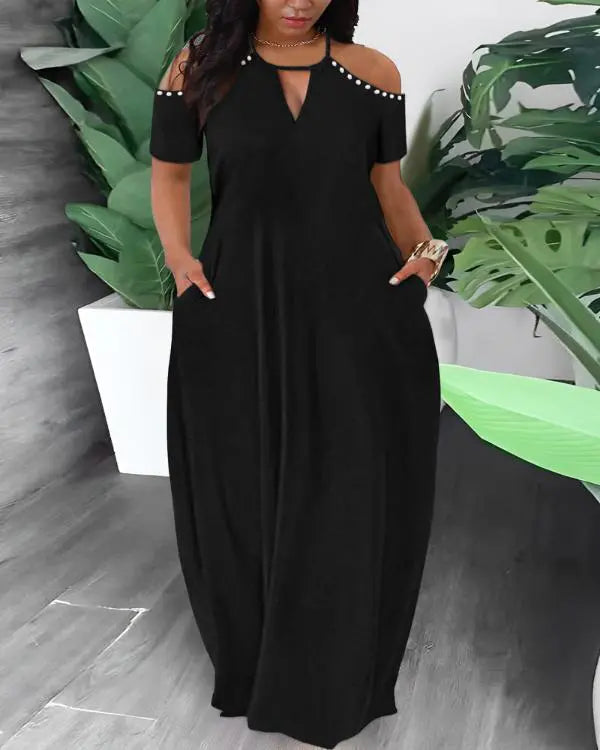 Plus Size Cold Shoulder Pearls Decor Maxi Dress