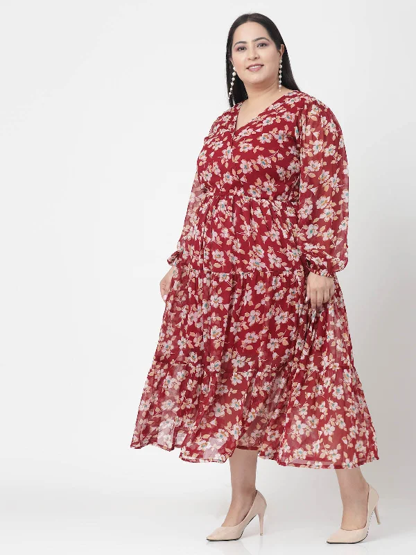 Plus Size Floral Printed Fit & Flare Midi Dress