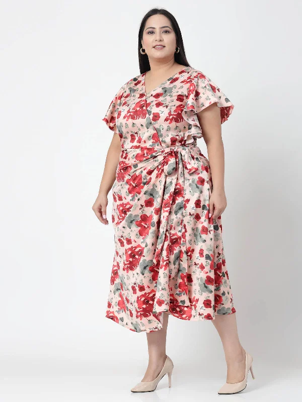 Plus Size Floral Printed Wrap Midi Dress