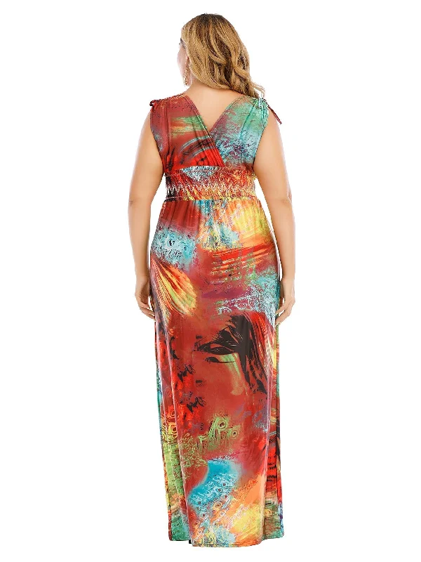 KittenAlarm - Plus Size Tie Shoulder Smocked Waist Maxi Dress