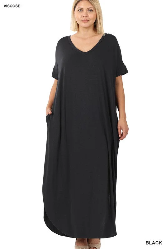 Viscose V-neck Short Sleeve Maxi Dress (Plus)