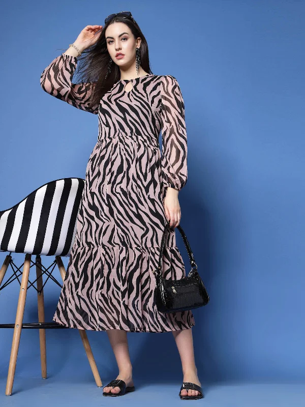 Animal Print Keyhole Neck Bell Sleeve A-Line Midi Dress