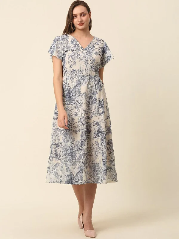 plusS Beige Conversational Printed Flutter Sleeves A-Line Midi Dress