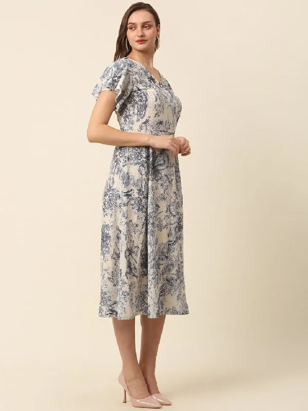 plusS Beige Conversational Printed Flutter Sleeves A-Line Midi Dress