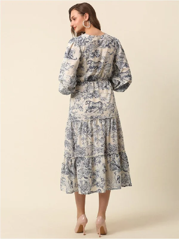 plusS Beige Conversational Printed Puff Sleeve Tiered Fit  Flare Midi Dress