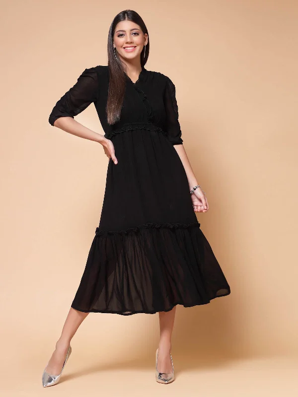 Black Puffed Sleeves A-Line Midi Dress