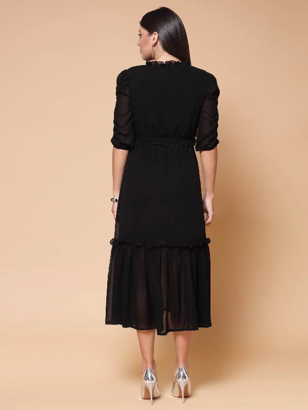 Black Puffed Sleeves A-Line Midi Dress