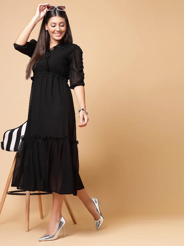 Black Puffed Sleeves A-Line Midi Dress