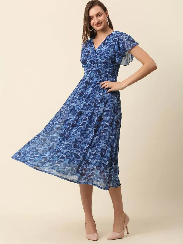 plusS Blue Abstract Printed Flutter Sleeves A-Line Midi Dress