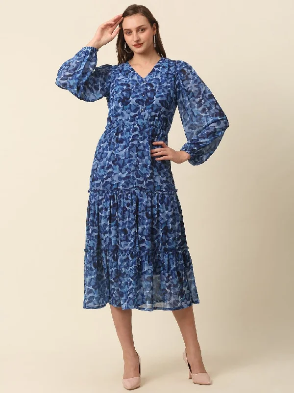 plusS Blue Abstract Printed Puff Sleeve Tiered Fit  Flare Midi Dress