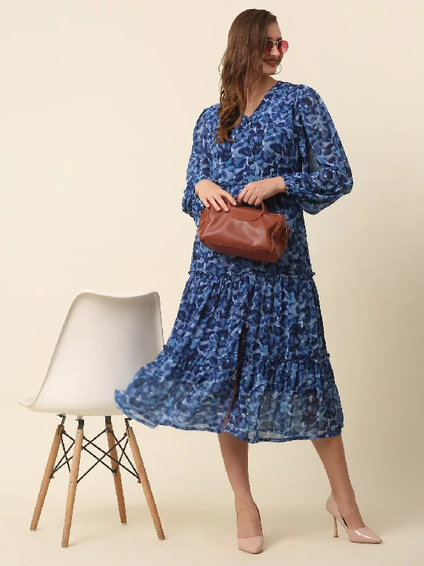 plusS Blue Abstract Printed Puff Sleeve Tiered Fit  Flare Midi Dress