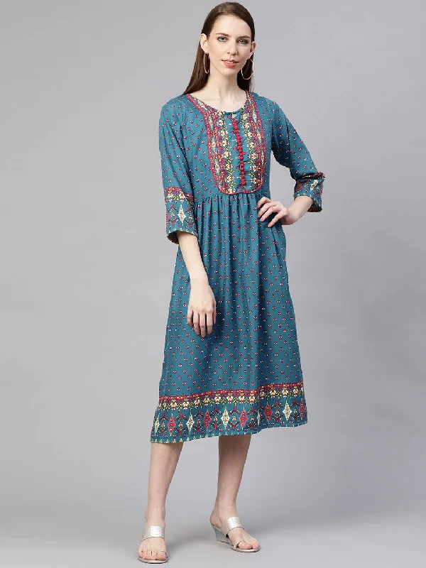 Blue  Pink Ethnic Motifs Ethnic A-Line Midi Dress