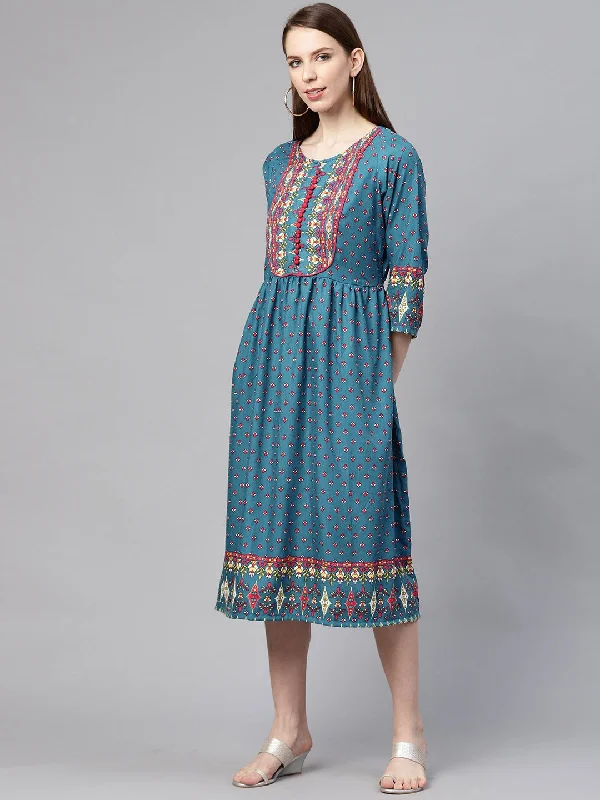 Blue  Pink Ethnic Motifs Ethnic A-Line Midi Dress