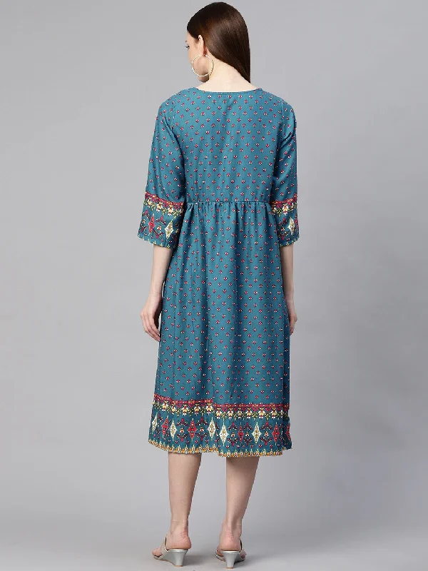 Blue  Pink Ethnic Motifs Ethnic A-Line Midi Dress