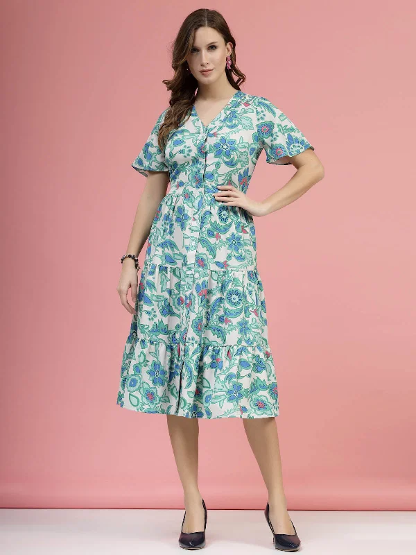 Cream Coloured  Green Floral Printed V-NecK Flared Sleeves Fit  Flare Midi Dress