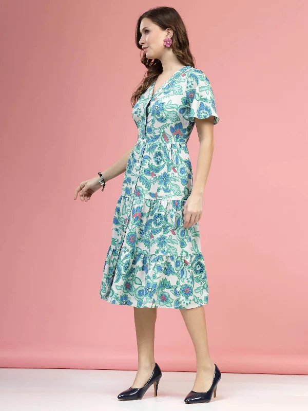 Cream Coloured  Green Floral Printed V-NecK Flared Sleeves Fit  Flare Midi Dress