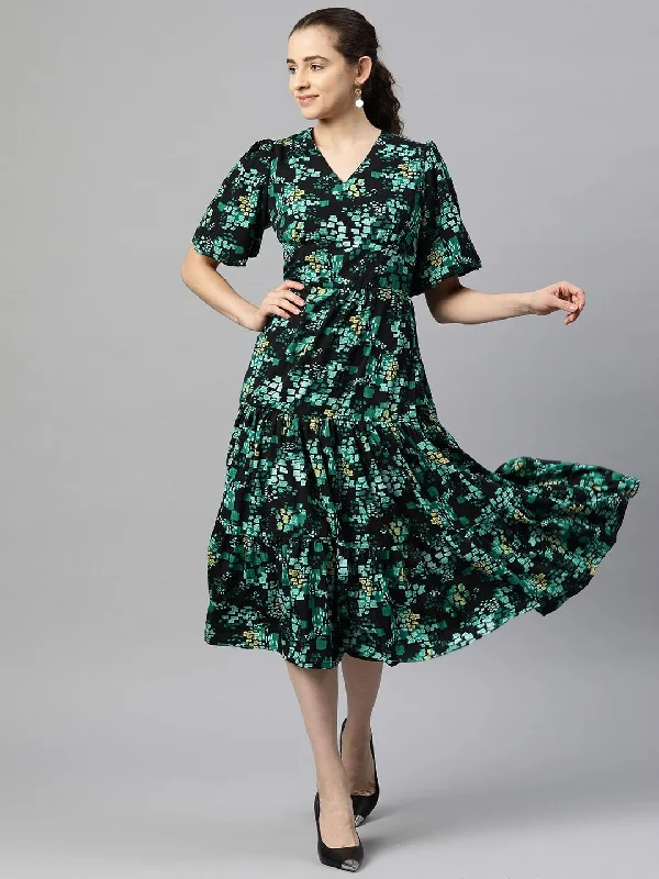 plusS Floral Print Puff Sleeve Fit  Flare Midi Dress