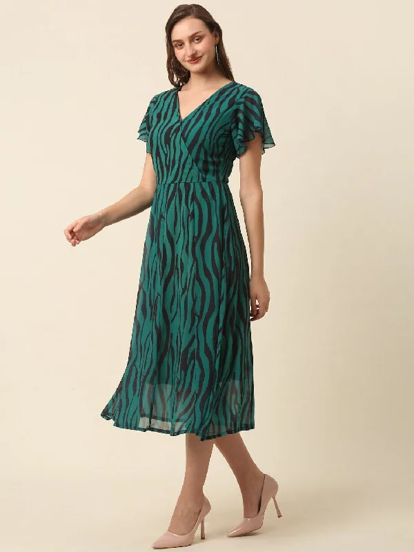 plusS Green Abstract Printed Flutter Sleeves A-Line Midi Dress