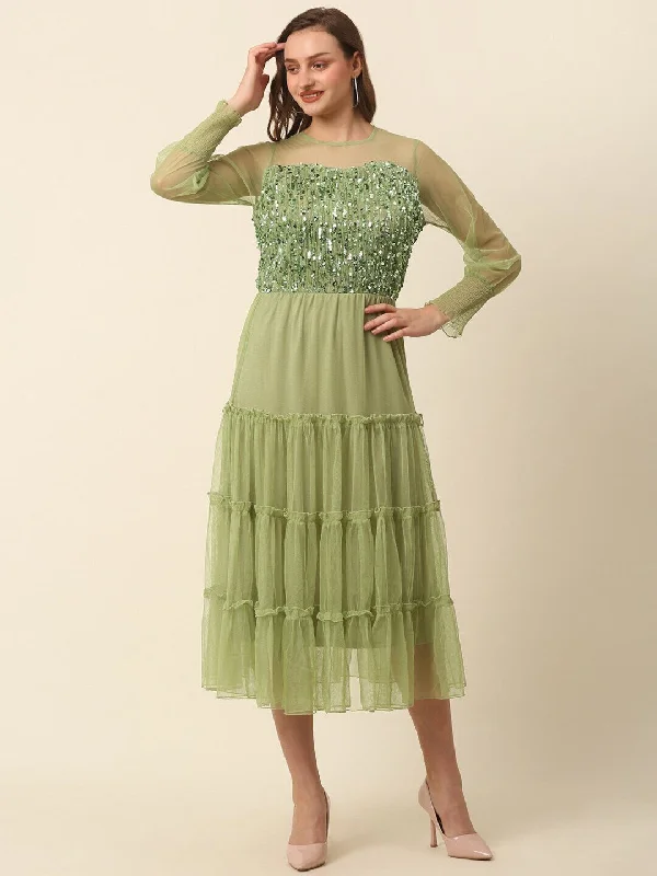 plusS Green Tiered Sequinned Fit  Flare Midi Dress