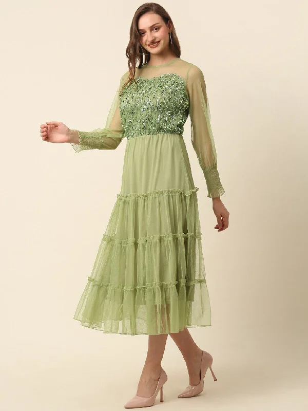 plusS Green Tiered Sequinned Fit  Flare Midi Dress