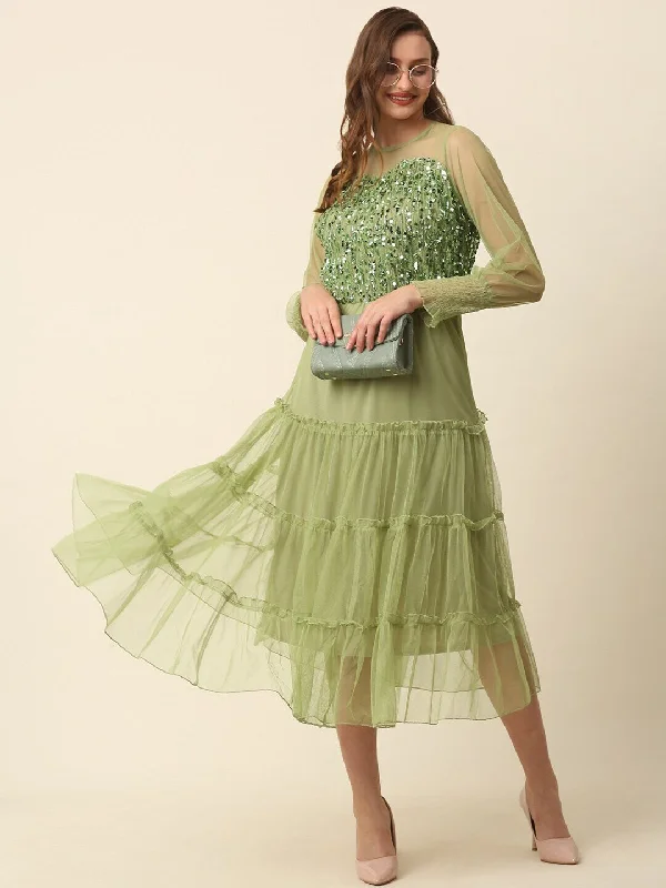 plusS Green Tiered Sequinned Fit  Flare Midi Dress