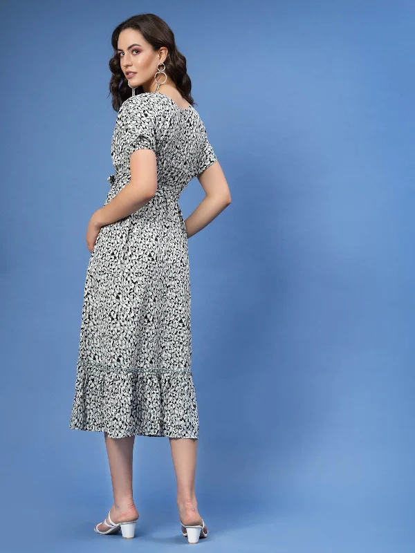 Grey Abstract Printed Fit  Flare Midi Dress