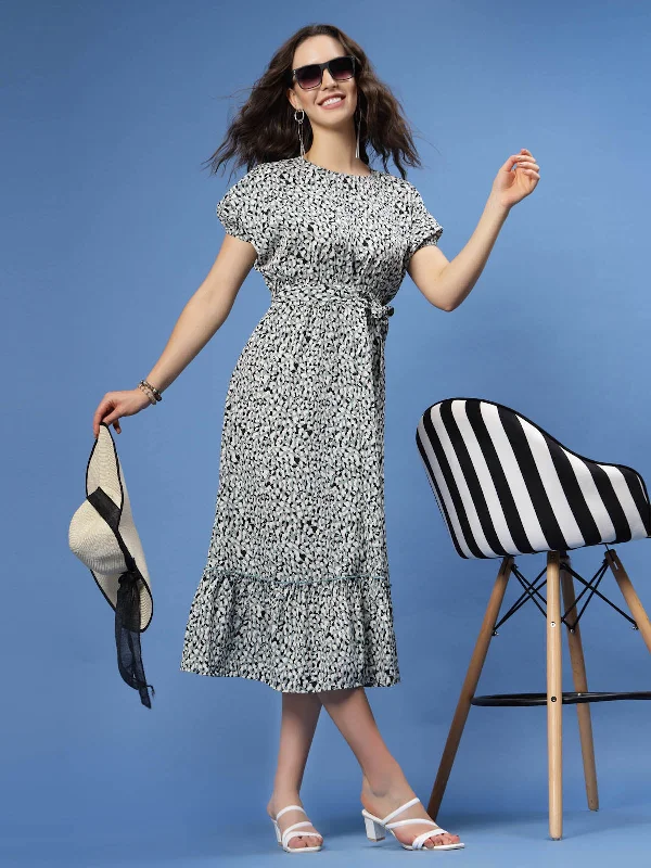 Grey Abstract Printed Fit  Flare Midi Dress