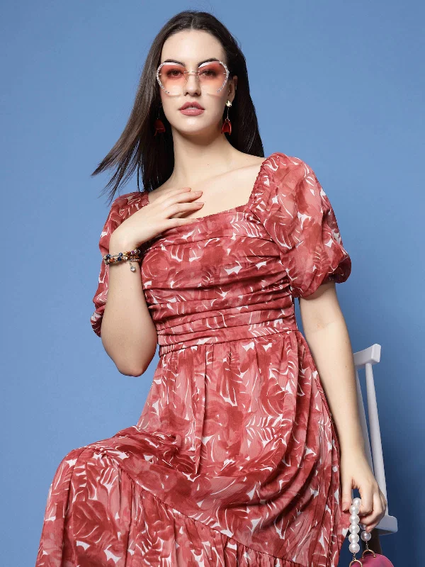 Maroon Floral Print Puff Sleeve Fit  Flare Midi Dress