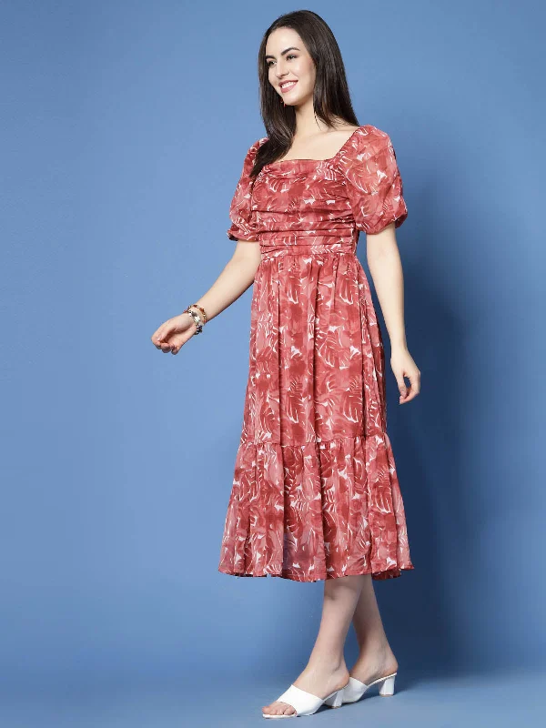 Maroon Floral Print Puff Sleeve Fit  Flare Midi Dress