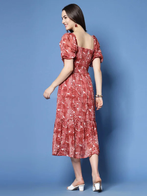 Maroon Floral Print Puff Sleeve Fit  Flare Midi Dress