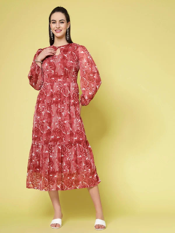 Maroon Floral Printed Keyhole Neck Puff Sleeve Tiered Fit  Flare Midi Dress