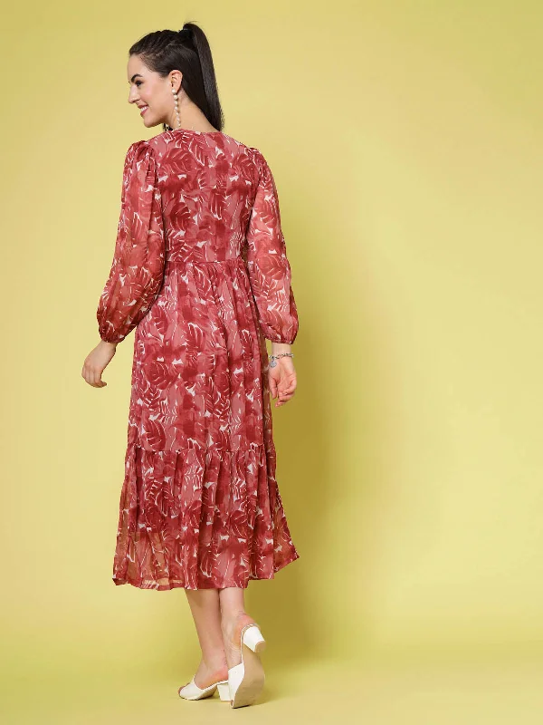 Maroon Floral Printed Keyhole Neck Puff Sleeve Tiered Fit  Flare Midi Dress