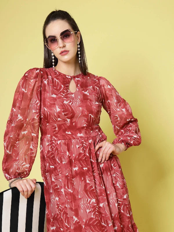 Maroon Floral Printed Keyhole Neck Puff Sleeve Tiered Fit  Flare Midi Dress