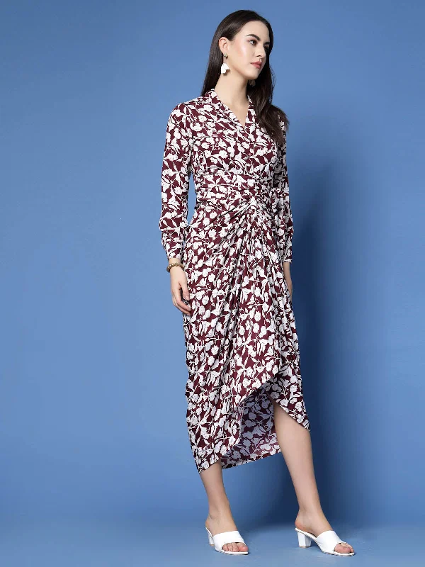 Maroon Floral Printed Shirt Collar Gathered Detailed Warp Midi Dress