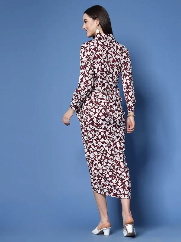 Maroon Floral Printed Shirt Collar Gathered Detailed Warp Midi Dress